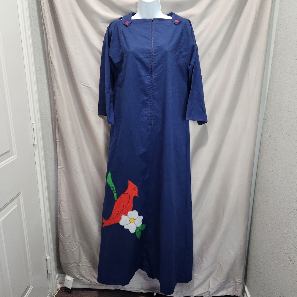 Ava Bergmann Vintage 60s Embroidered Red Cardinal Blue Maxi Dress